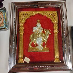 Vintage Krishna with Sacred Cow Framed Devotional Art – India
